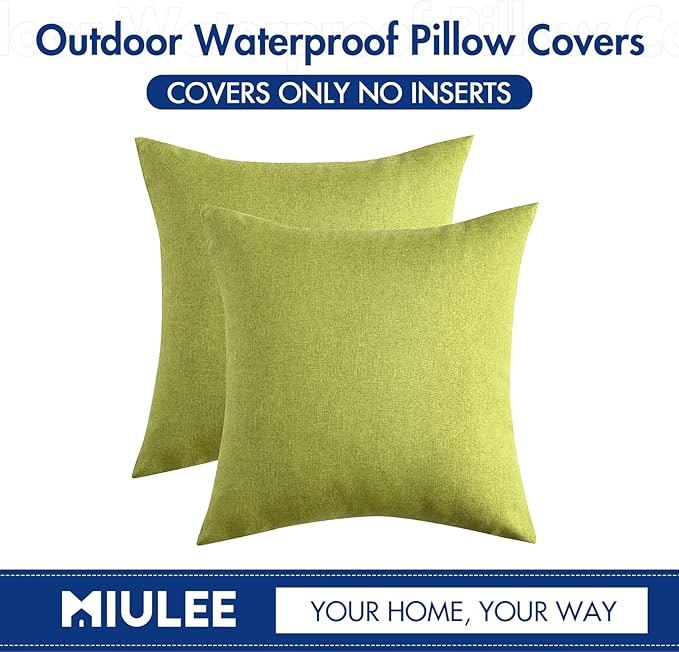MIULEE Pack of 2 Decorative Outdoor Solid Waterproof Throw Pillow Covers Spring Euro Sham Faux Linen Garden Farmhouse Cushion Cases for Summer Patio Tent Balcony Couch Sofa 24x24 Inch Green
