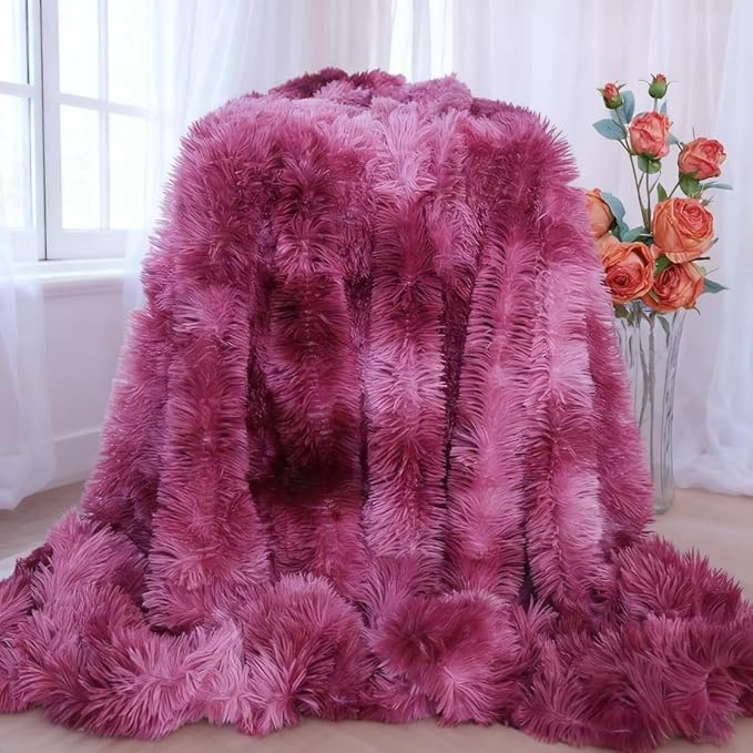 Plush Super Soft Blanket Bedding Sofa Cover Furry Fuzzy Fur Warm Throw Qulit Cozy Couch Blanket for Winter (Tie Dye Burgundy,63x79 Inches)