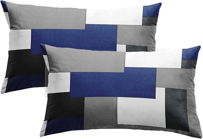Emvency Set of 2 Dark Blue Geometric Throw Pillow Cover Black Grey White Painting Abstract Checkered Design Decorative Pillow Case Modern Home Decor Standard Square 12x20 Inch Cushion Pillowcase