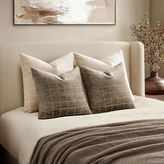 MIULEE Decorative Chenille Check Throw Pillow Covers Vintage Plaid Couch Pillows 18x18 Inch Set of 2 Neutral Boho Farmhouse Cushion Covers Modern Spring Home Decor for Sofa Bed Living Room Taupe Grey