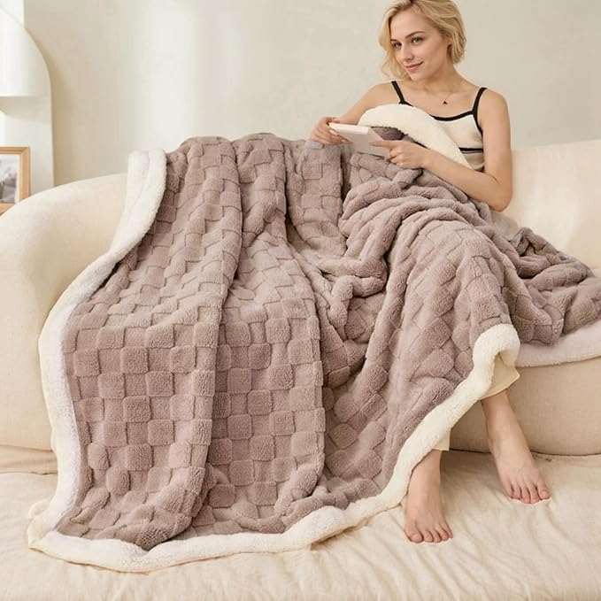 Sherpa Throw Blanket for Couch, Flannel Cozy Soft Thick Blanket for Bed - Fleece, Coffee, 60x80 Inches