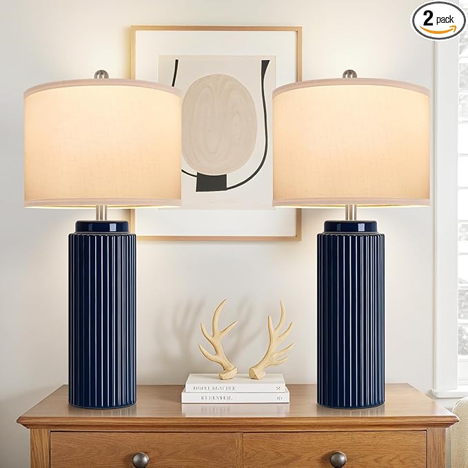 28’’ Modern Ceramic Table Lamps for Living Room Set of 2, Tall Farmhouse Bedside Lamps with Linen Shade, Dark Blue Rustic Nightstand Lamps for Bedroom, Vintage End Table Lamps for Office Hallway