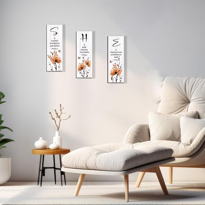 DONFENTHY 3 Pieces Orange Bedroom Decor Orange Floral Bathroom Decor Wooden Hanging Wall Art Christian Quotes SHE Word Sign Gift for Women Bedroom Living Room Office (12x4 Inch)