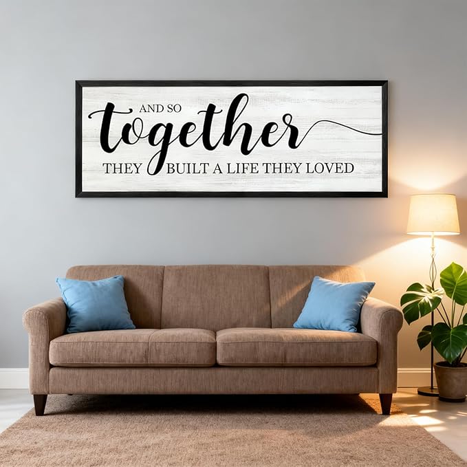 And So Together They Built A Life They Loved DecorativeSign & Plaque Framed Wall Art for Couples, 40''×15'' Vintage Wooden Horizontal Wall Decor Above Bed, Rustic Farmhouse Wedding Gift