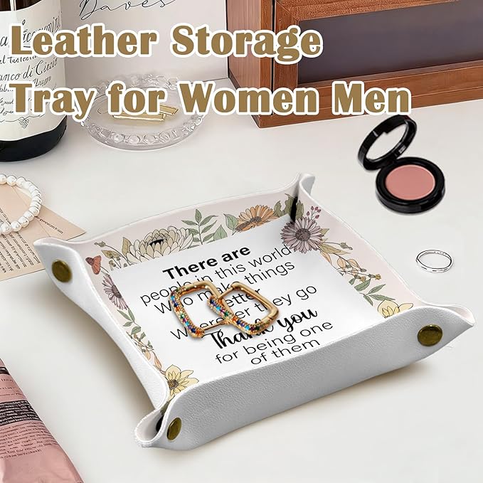 Thank You Gifts Jewelry Valet Tray for Women, Appreciation Gifts for Teacher Friends Coworkers PU Leather Catchall Beside Caddy Nightstand Organizer Tray for Jewelry Rings Watches, 7.87x7.87in