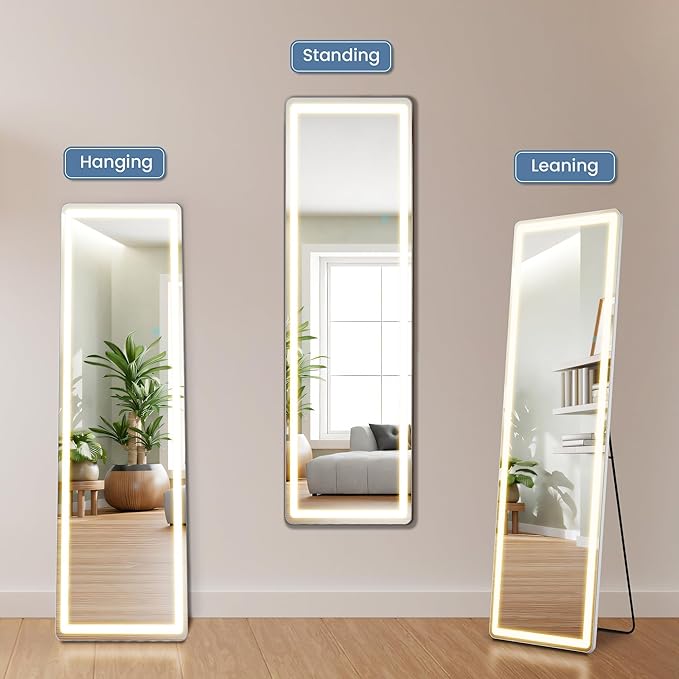 DUMOS LED Mirror Full Length with Stand, 16"×60" Full Body Wall Mirror with LED Lights 3 Color Lighting, Hanging or Leaning, Floor Standing, Modern Simple Home Wall Decor