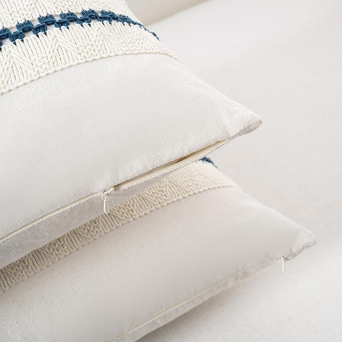 Fancy Homi Set of 2 Boho Teal Decorative Throw Pillow Cover 20x20 Inch for Couch Bed Sofa, Aesthetic Modern Organic Farmhouse Home Decor, Soft Cotton Cute Accent Macrame Woven Cushion Case