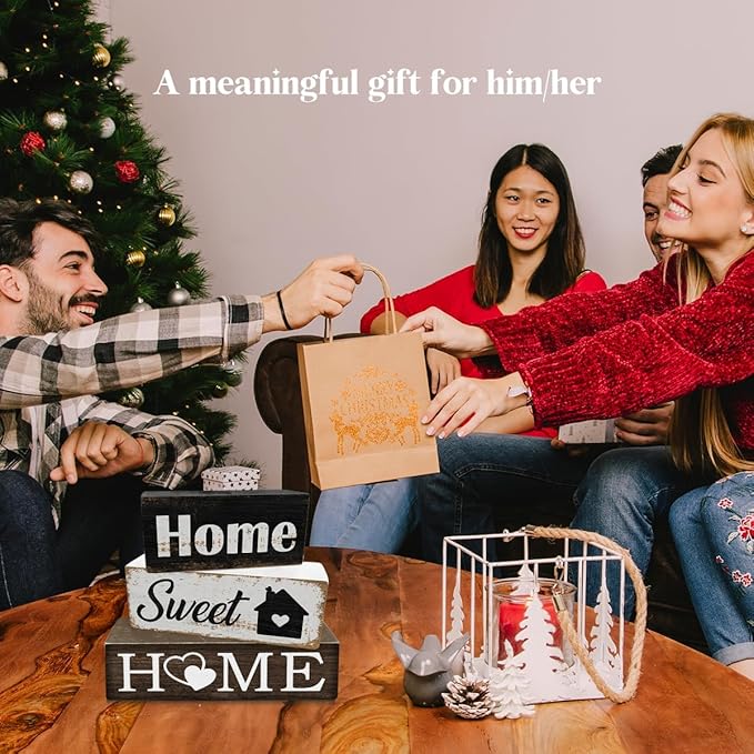 3 Pcs Farmhouse Wood Table Decoration Rustic Home Tiered Tray Decor Wooden Block Sign Retro Housewarming Gift Sweet Home Tabletop Centerpiece for Desk Floating Shelf Mantel