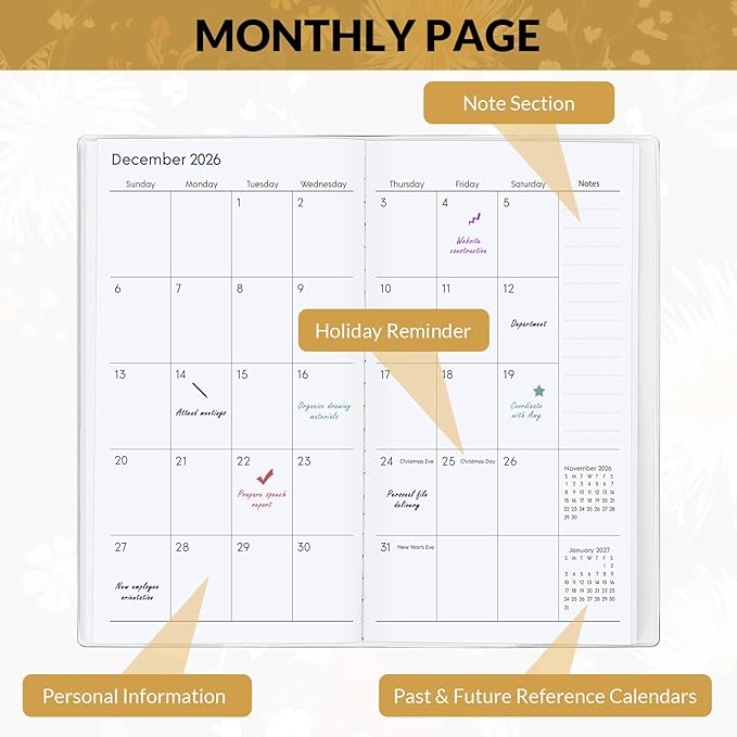 Pocket Calendar 2026-2027, Black 2026-2027 Monthly Planner - 3.7" x 6.7" - Runs from January 2026 Until December 2027, 2026 Pocket Planner with PVC Cover for Home, School, Office Supplies