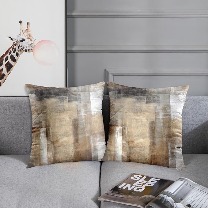 Britimes Throw Pillow Covers Modern Home Art Decor, 18 x 18 Inches Set of 2 Pillow Cases Decorative, Abstract Oil Painting Pillowcases for Bedroom, Living Room, Taupe Tan Grey Brown Beige