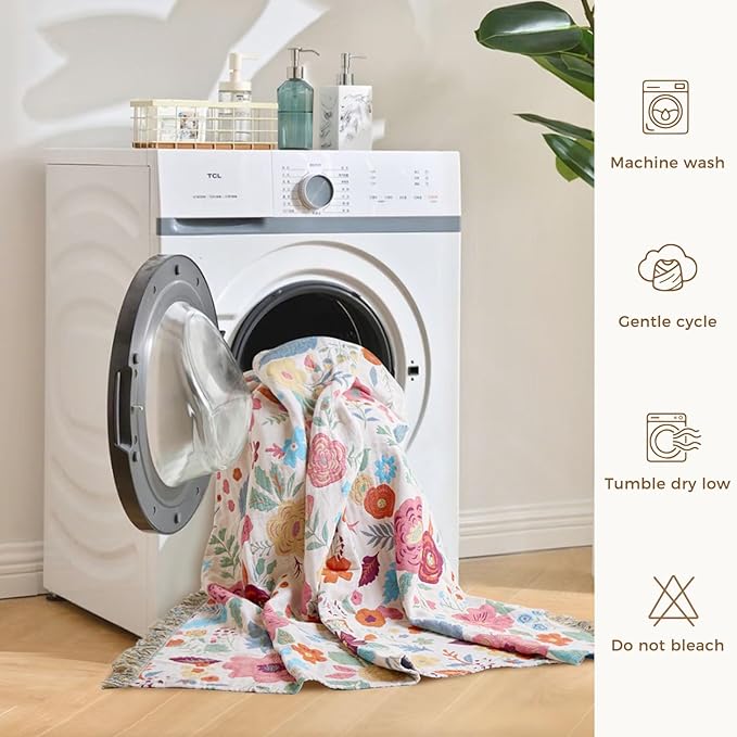 Boho Throw Blanket for Bed Cotton Spring Blankets Twin Size for Bedroom Living Room All Season Lightweight Floral Embroidery Quilt for Couch Sofa Chair 60"x80"