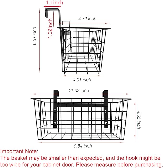 MaraFansie Basket with Hook, Grid Storage Basket, Over the Cabinet Door Organizer, Wire Hanging Basket with Hook Over the Railing, Under Sink Kitchen Cabinet, Pantry, Bathroom, Black, 4 Pack