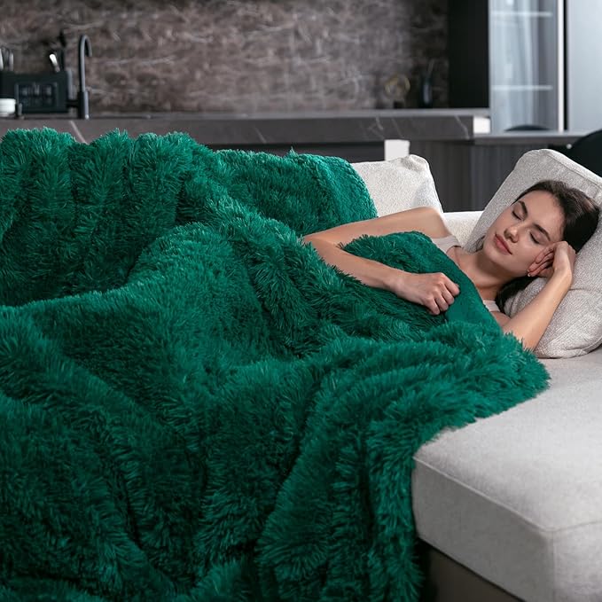 Pawque Faux Fur Blankets Twin Size 60x80 Inches, Soft Fuzzy Fluffy Blanket, Warm Thick Sherpa Long Hair Shag Reversible Lightweight Cozy Throw for Bedroom Sofa Couch, Green