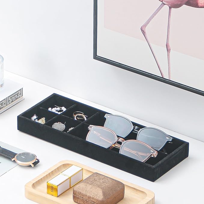 Divided Drawer Organizer Tray, Velvet Jewelry Storage Tray, Necklace Bracelet Ring Earring Display Tray,Bedside Nightstand Desk Holder Tray for Phone Watch Sunglasses Cosmetics Storage/Black/6grid
