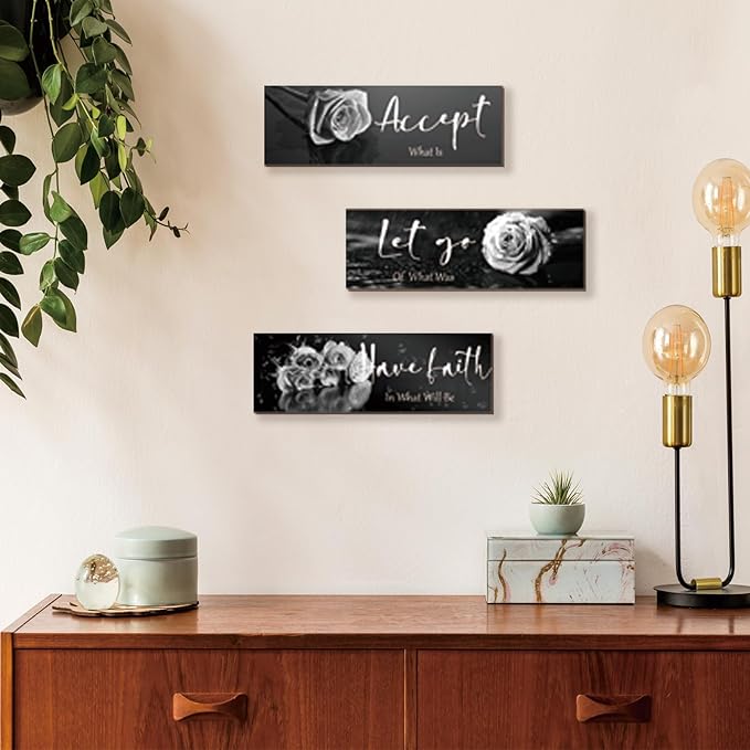 3 Pcs Black White Wall Decor Inspirational Wooden Flower Wall Art White Roses Bathroom Decor with Accept Let Go Have Faith Positive Quotes for Women Living Room Bedroom(White Rose 16X5")