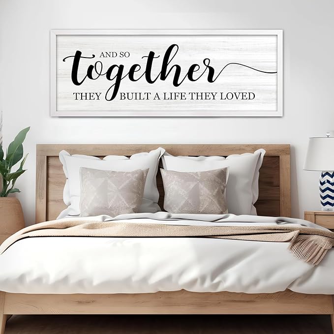And So Together They Built A Life They Loved Decorative Rustic Sign & Plaque Framed Wall Art for Couples, 40''×15'' Vintage Horizontal Wooden Wall Decor Above Bed, Farmhouse Wedding Gift
