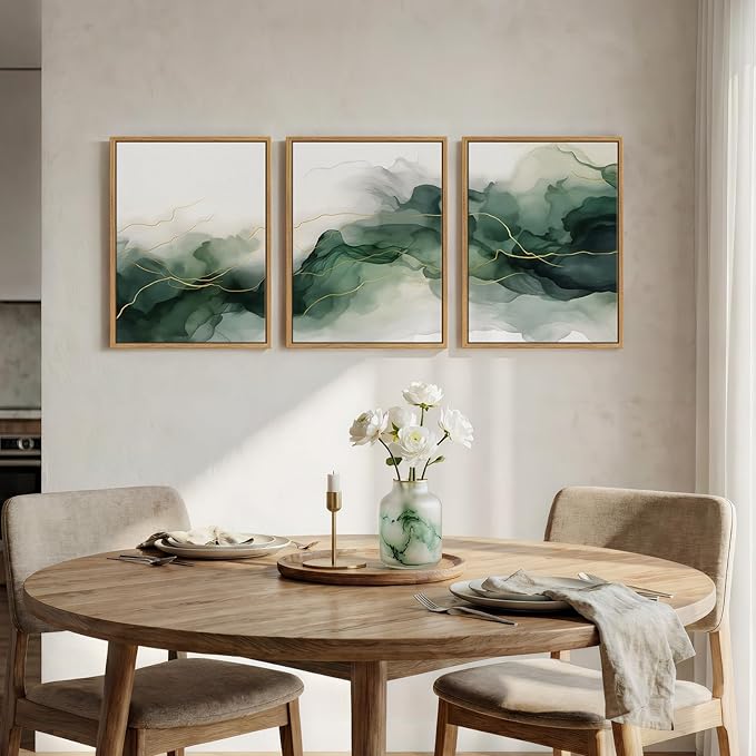 Framed Abstract Green Room Wall Decor, 3 Piece Modern Minimalist Watercolor Wall Art for Living Room, Flowing Gold Lines White Painting Print Canvas Artwork for Bedroom Home Office Walls, 12x16 Inch