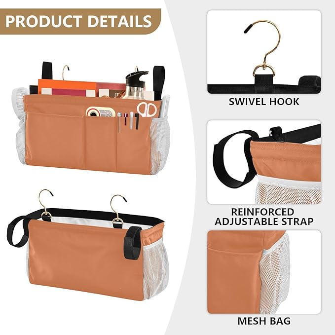 DOMIKING Orange Bedside Caddy for Dorm Bed Recliner Armrest Organizer with Hooks Haning Holders for Rails Headboards Bunk Bed