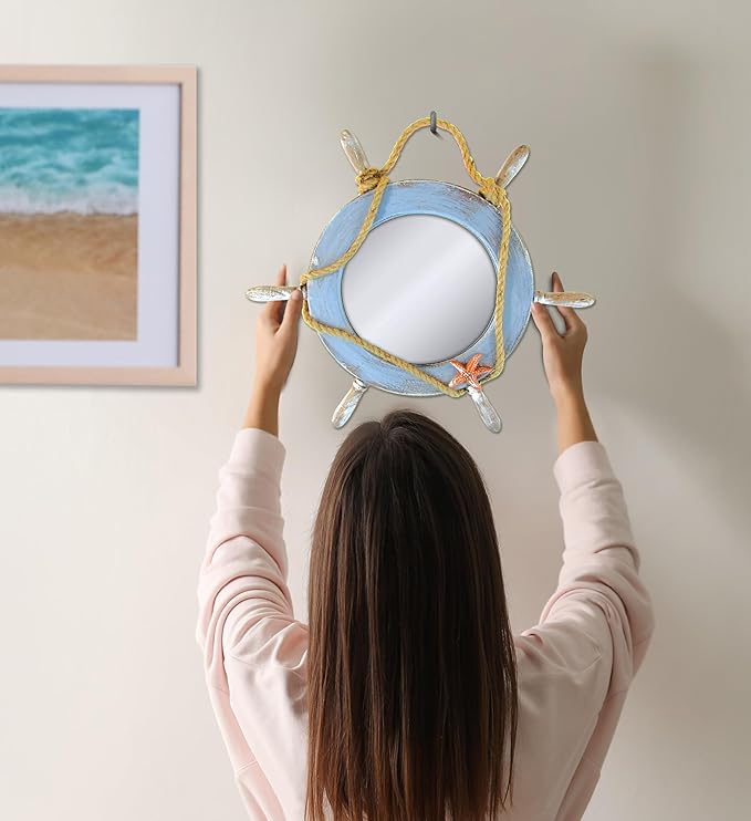 Puzzled COTA Global Pacific Mirror Boat Wheel Nautical Decor - Nautical Themed Wood Mirror, Beach Decor for Wall, Novelty Blue Boat Wheel Mirror with Rope and Starfish Wooden Figure