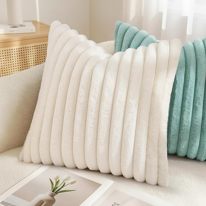 decorUhome Summer Cozy Faux Fur Throw Pillow Covers 24x24 Set of 2 Decorative Plush Striped Modern Farmhouse Boho Couch Euro Sham Pillow Cases with Velvet Back for Sofa Bed Living Room, Cream White
