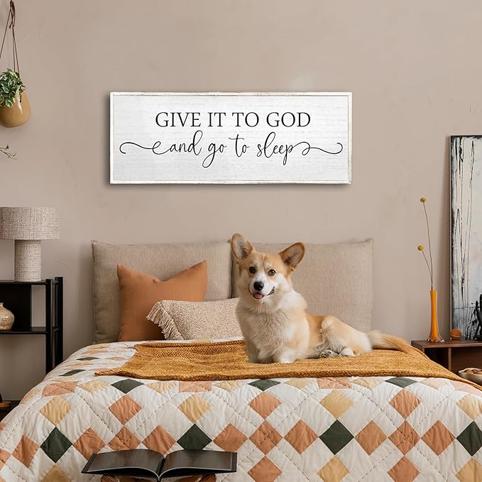 Give It To God And Go To Sleep Wall Decor Sign 40"X15" Master Bedroom Above Bed Wood Framed Large Farmhouse Rustic Over Bed Wall Art Hanging Decoration (White)