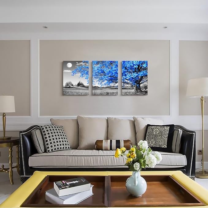 Wall Art For Living Room black and white Blue tree moon Canvas Wall Decor for Home artwork huge Painting 16" x 24" 3 Pieces Canvas Print For bedroom Decor Modern Salon kitchen office Hang a picture