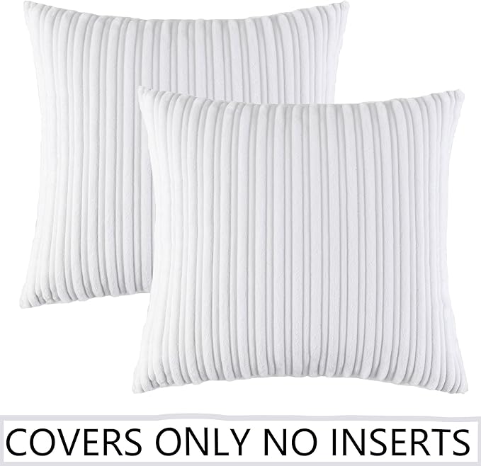 UGASA Pack of 2, Velvet Pillow Covers Striped, Decorative Throw Cushion Case with Hidden Zipper for Home Couch/Bedroom/Car, Soft Cozy Solid Square (18"x18", Pure White)