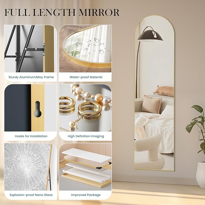 NEWBULIG Arched Full Length Mirror 59.2"x16" for Bedroom, Full Body Mirror with Stand, Hanging or Leaning for Wall, Aluminum Alloy Thin Frame Floor Standing for Living Room, Tall, Gold