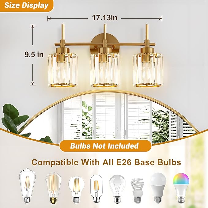 Bathroom Lighting Fixtures, 3 Light Gold Bathroom Light Fixtures with Clear Shades Modern Crystal Vanity Light Bath Room Vanity Lighting Over Mirror Wall Light