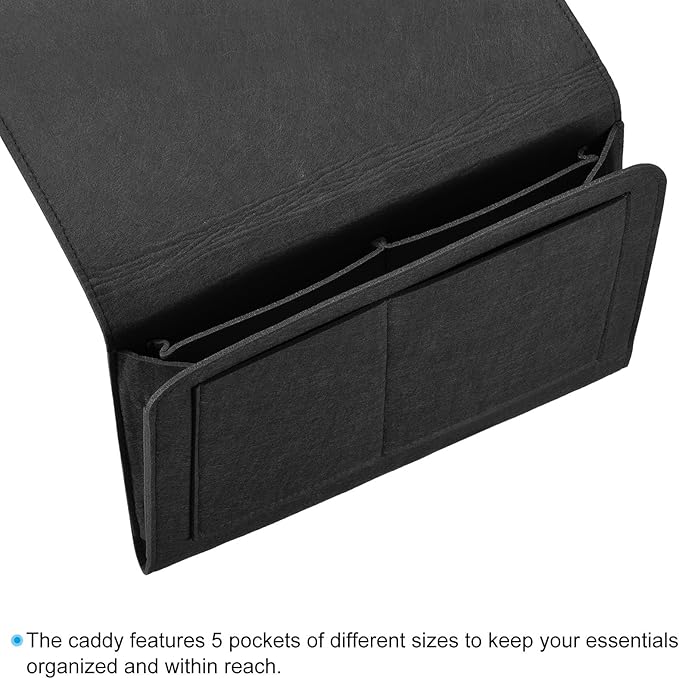 PATIKIL 13in Bedside Caddy, Bed Caddy Bedside Organizer Hanging Soft Felt 5 Pockets Bed Pockets Bedside Storage Organizer Remote Control Holder for Bedroom Phones Glasses, Black