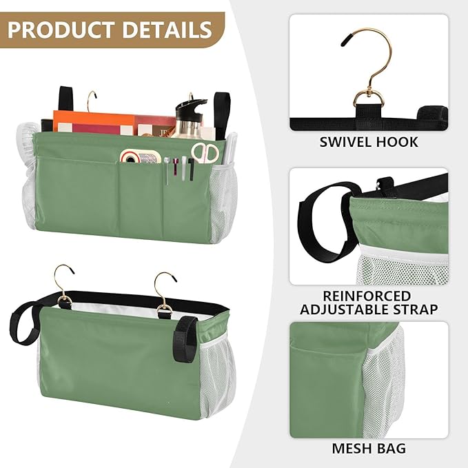 DOMIKING Sage Green Bedside Caddy for Dorm Bed Recliner Armrest Organizer with Hooks Haning Storage Pocket for Couch Recliner Remote Control