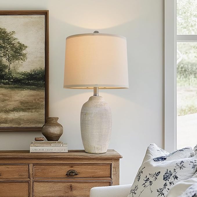 24 inch Vintage Ceramic Table Lamp with 5FT Cord - Single Farmhouse Rustic Bedside Lamp with Natural Textured Finish, Nightstand Lamps for Living Room, Bedroom, End Table Beige
