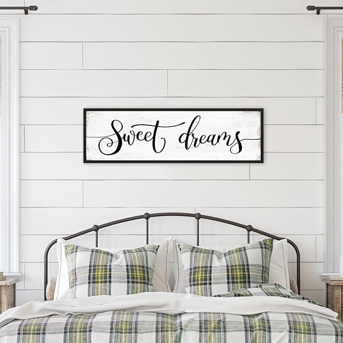 Sweet Dreams Wall Decor Above Bed: Wall Art Bedroom Sign - Guest Room Decor - Master Bedroom Farmhouse Decoration Rustic Black Frame Hanging 12 × 40 Large