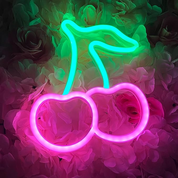 Cherry Neon Sign,Pink Green Cherries Neon Lights Cherry Neon Signs for Wall Decor,Cute Fruits LED Signs for Kids Room Restaurant Bar Fruit Shop Home