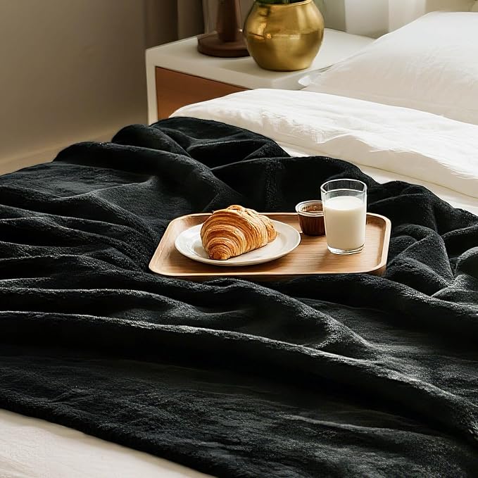 Plush Velvet Fleece Bed Blanket, Lightweight Queen Size Blanket, Soft Fuzzy Cozy Blanket for Couch (Black, Queen)
