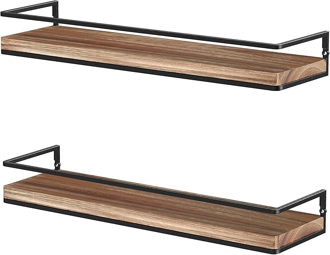 Meangood Floating Shelves Wall Mounted Set of 2, Rustic Wood Wall Storage Shelves for Bedroom,Living Room,Bathroom, Kitchen Torched Wood