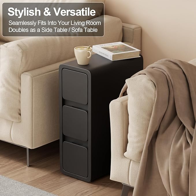 AQIMUELE Narrow Bedside Table,Narrow Night Stand with Drawers,Small Night Stand with Leather Surface for Bedroom
