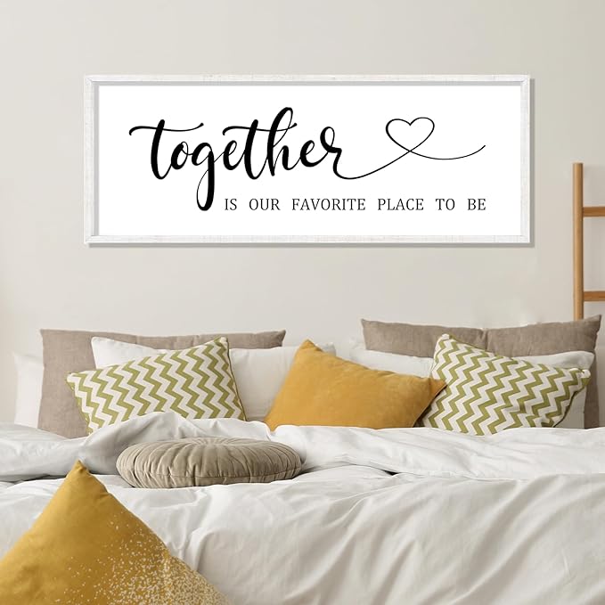 YWJKWLGS Together Is My Favorite Place to Be Sign Master Bedroom Wall Decor Above Bed 40x15 Inch Love Quotes Wall Art Large Rustic Modern Wood Framed for Couplesn (White)