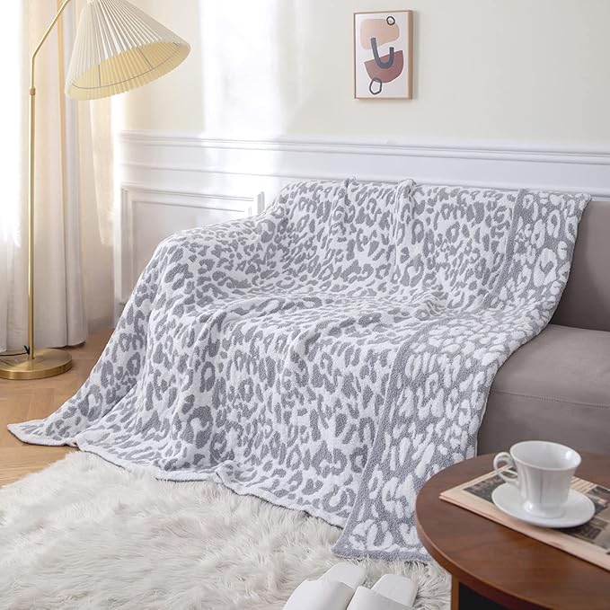 MH MYLUNE HOME Large Soft Micro Plush Leopard Blanket (71x78 inches, White Grey) Warm Reversible Cheetah Blanket Leopard Pattern Throw for Couch Bed Sofa