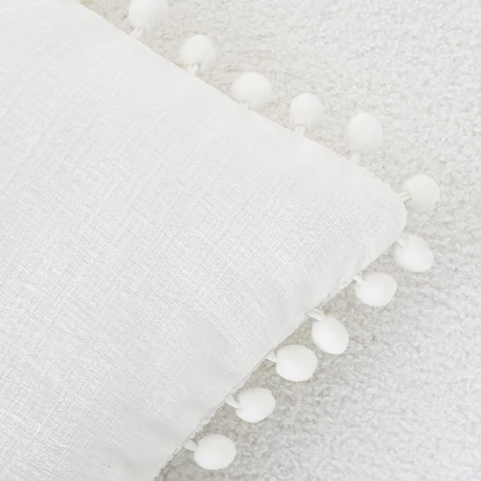CaliTime Throw Pillow Covers Decorative 22 X 22 Inches Pack of 2 Cozy Solid Dyed Soft Chenille Cushion Cases with Pom Poms for Couch Sofa Bed Living Room Home True White