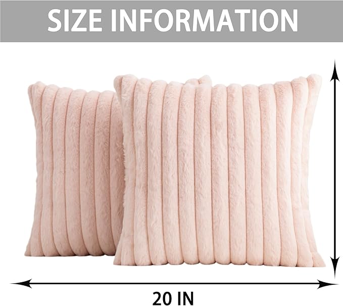 Aegero Pack of 2 Faux Fur Christmas Throw Pillow Covers 20x20 Inch, Soft Plush Striped Neutral Couch Pillow Cover, with Velvet Back Modern Home Decor for Sofa Living Room Couch Bed Light Pink