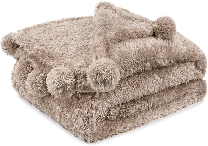 PAVILIA Tan Sherpa Throw Blanket for Couch, Warm Plush Pom Pom Blanket Throw Twin, Fuzzy Sofa Blanket Throw for Bed, Lightweight Soft Cozy Fluffy Blanket with Pom Poms, Taupe, 60x80