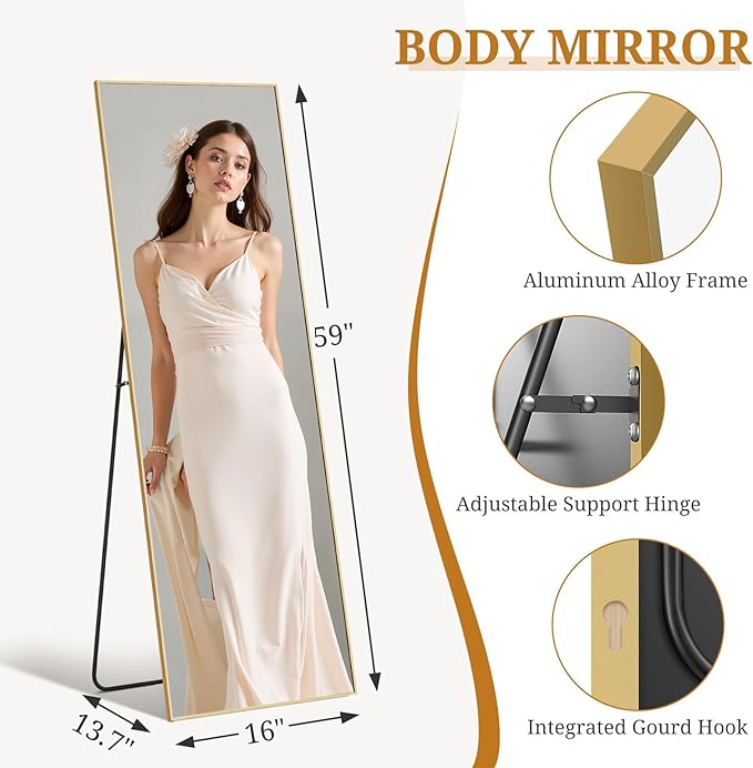 Full Length Mirror 59"x16" Full Body Mirror Rectangle Free Standing Wall Mounted Leaning Floor Mirrors with Stand Aluminum Alloy Frame for Bedroom Cloakroom, Gold