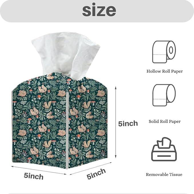 Tissue Box Cover, Tissue Box Holder, Square with Belt Bottom, PU Leather Decorative Organizer for Desk, Tabletop, Countertop Bathroom, Toilet Car, Office Dresser Kitchen, Squirrel Plant Mushroom Decor