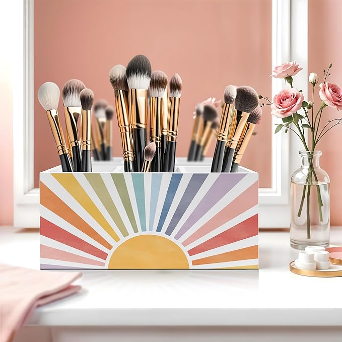 Boho Colorful Sunshine Pen Pencil Holder, Boho Desk Office Decor, Retro Rainbow Sun Sunrise Sunset Pencil Pen Holder Organizer for Home Office Desk Accessories