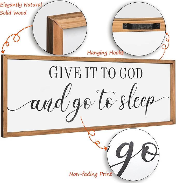 Houmury Framed Give it to God and Go to Sleep Signs 48"x16" Above Bed Wall Decors Wall Art for Bedroom Wood Signs (48 x16 inch, Brown)