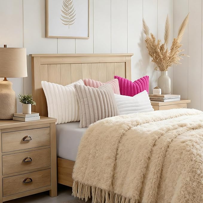 decorUhome Summer Cozy Faux Fur Throw Pillow Covers 24x24 Set of 2 Decorative Plush Striped Modern Farmhouse Boho Couch Euro Sham Pillow Cases with Velvet Back for Sofa Bed Living Room, Cream White