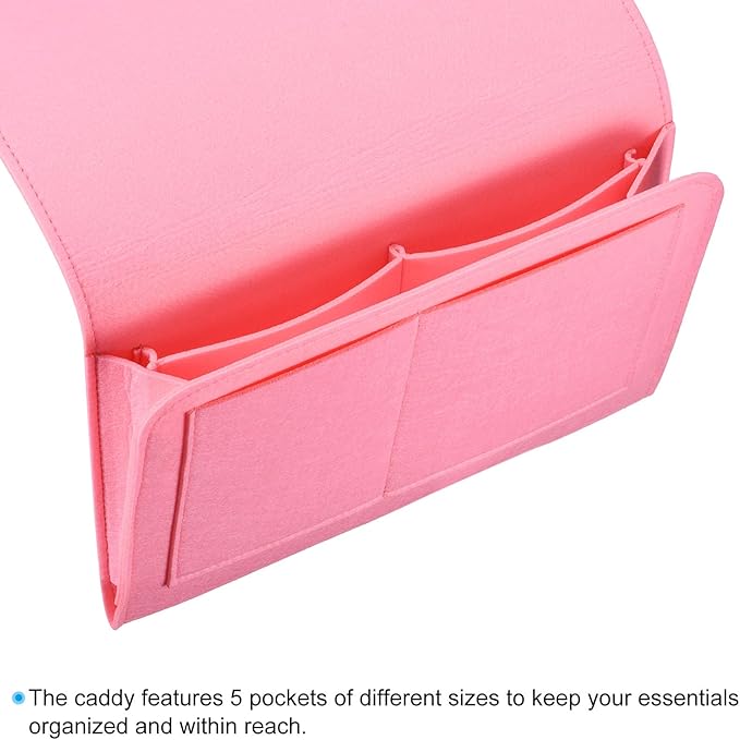 PATIKIL 13in Bedside Caddy, Bed Caddy Bedside Organizer Hanging Soft Felt 5 Pockets Bed Pockets Bedside Storage Organizer Remote Control Holder for Bedroom Phones Glasses, Pink