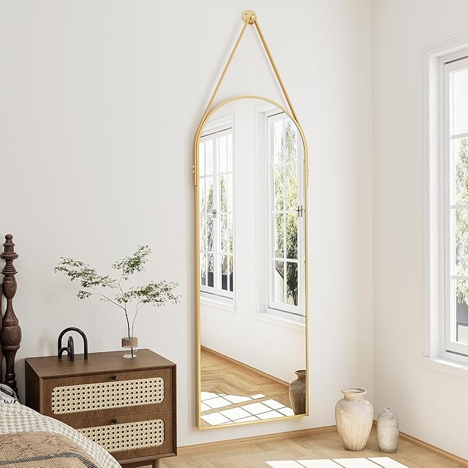 TinyTimes 16"x48" Hanging Mirror with Leather Strap,Arched Full Length Mirror with Aluminum Frame Wall-Mounted Hanging Mirrors for Bathroom Vanity Living Room Bedroom Entryway Décor, Gold