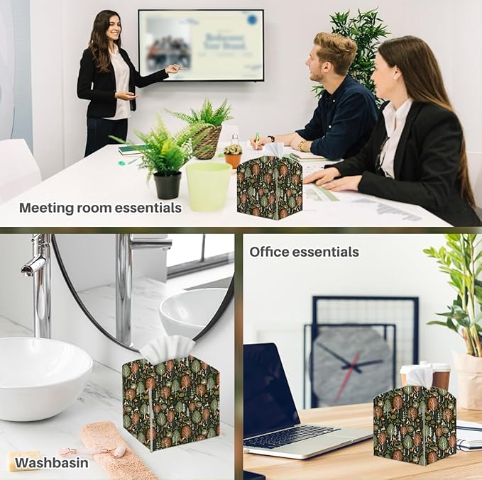 Tissue Box Cover, Tissue Box Holder, Square with Belt Bottom, PU Leather Decorative Organizer for Desk, Tabletop, Countertop Bathroom, Toilet Car, Office, Dresser Kitchen, Rabbit Deer Flower Decor